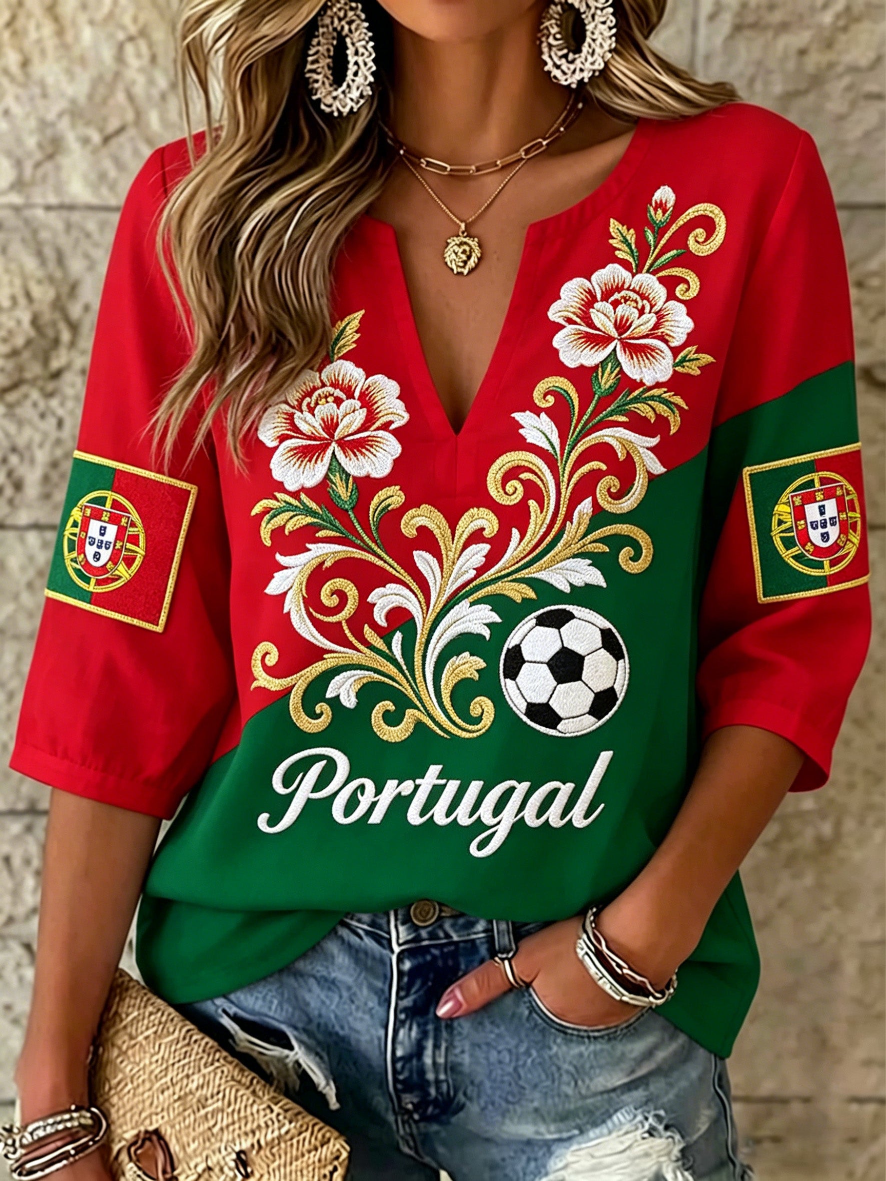 Women's Portuguese Football Match Cheering Art Print V-Neck Top