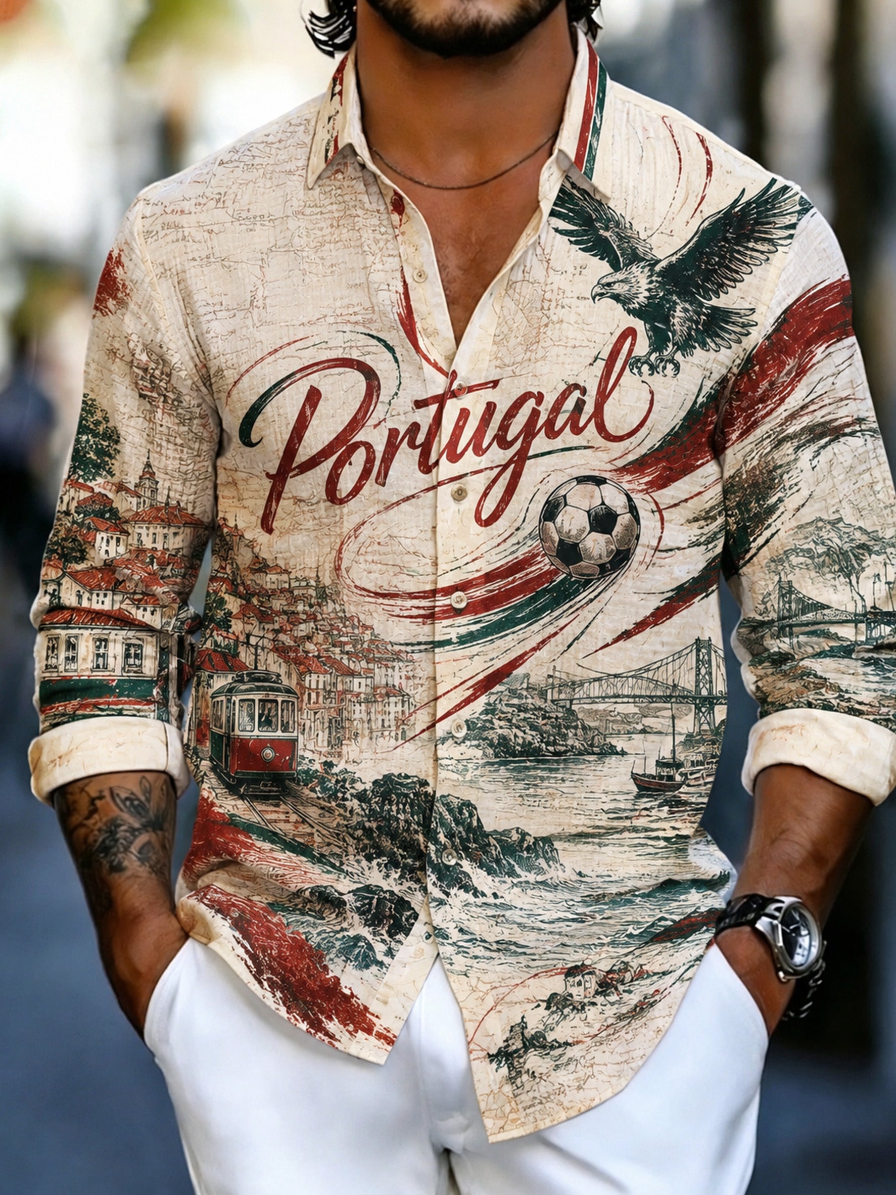 Men's Portugal Football Fan Art Print Long-Sleeve Shirt