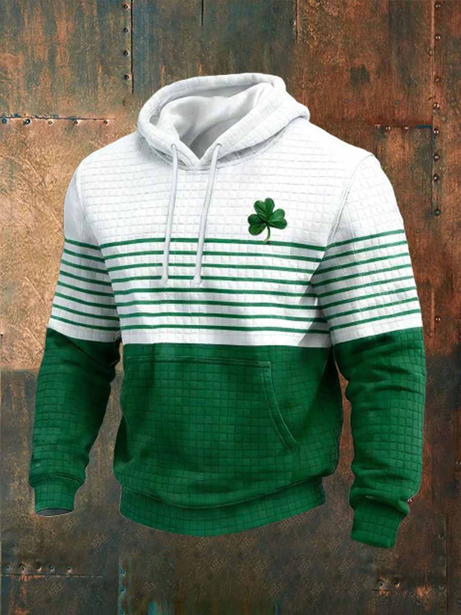 Men's St. Patrick's Day Shamrock Print Checkered Cotton Hoodie