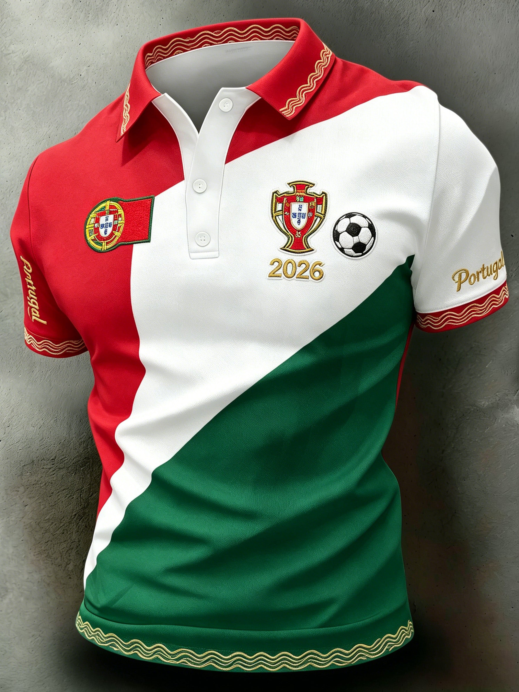 Men's Portugal Football Match Cheering-Themed Art Print Short-Sleeve Polo