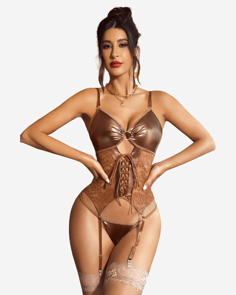 Faux Leather Corset With Garter Belt