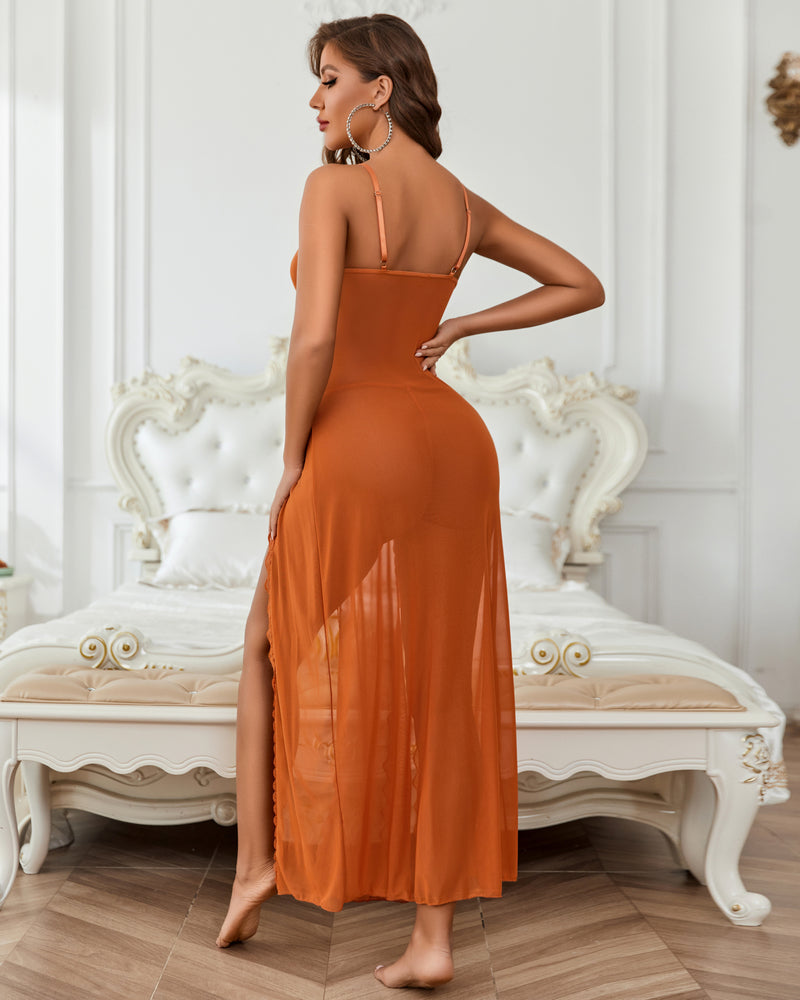 Floral Lace Mesh Side Split Nightgowns