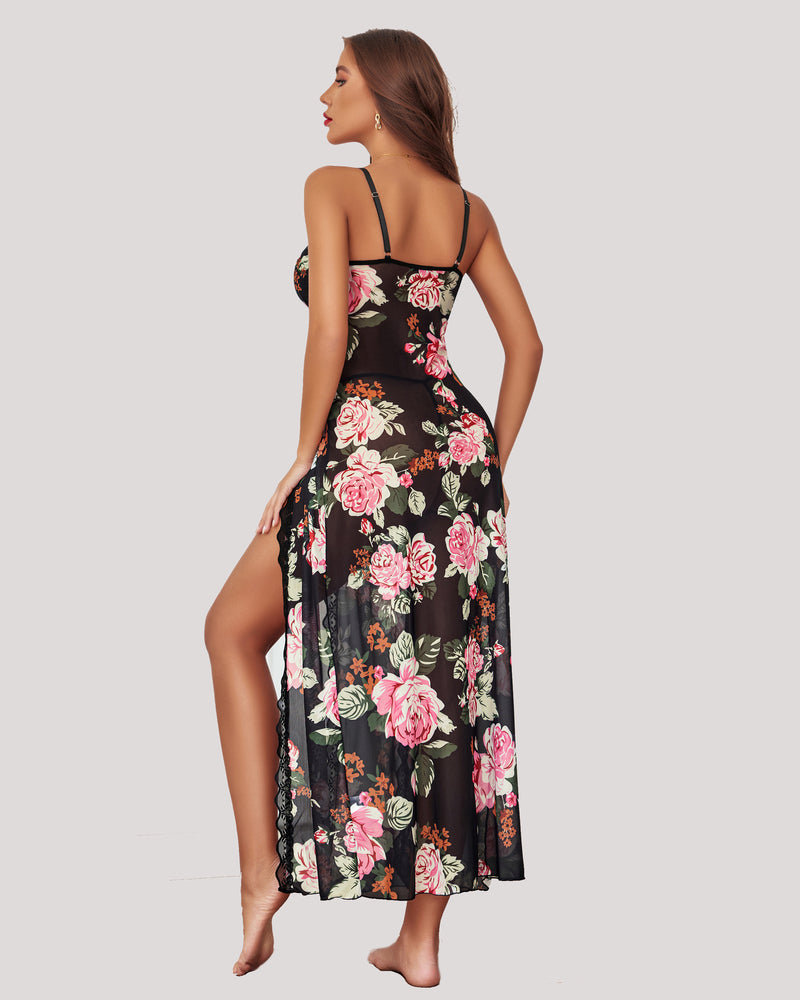 Sheer Lace Mesh Side Split Nightgown