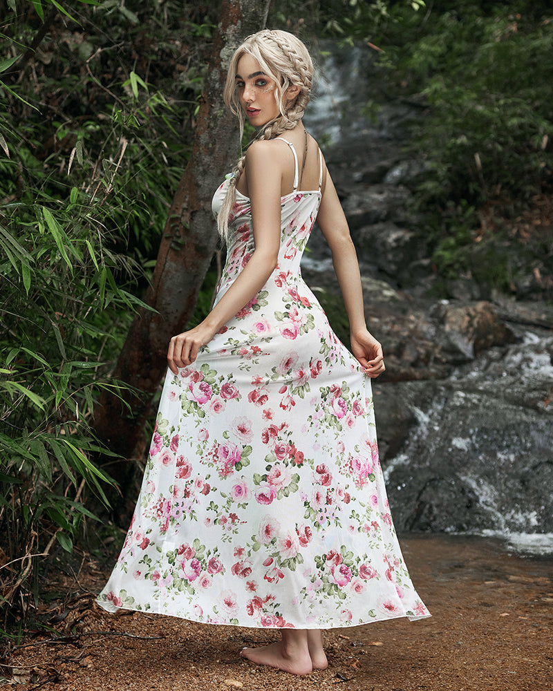 Floral Lace Mesh Side Split Nightgowns