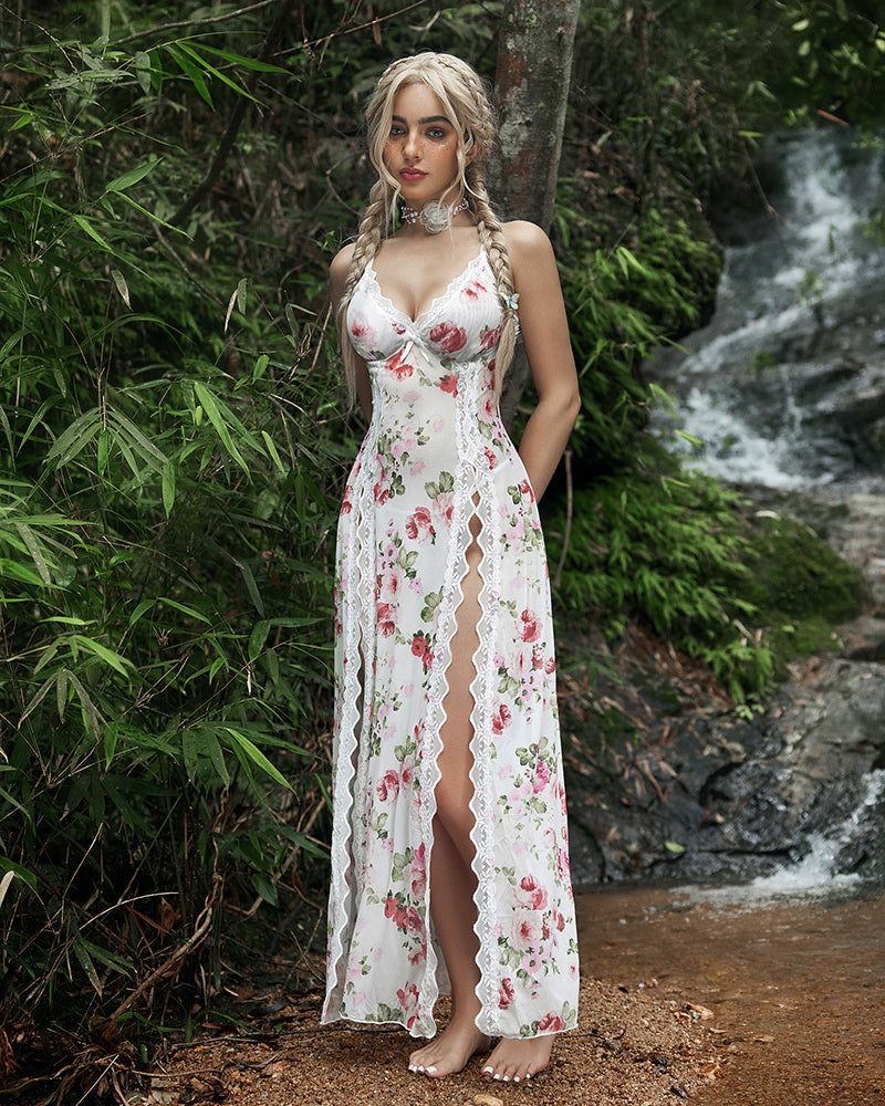 Floral Lace Mesh Side Split Nightgowns