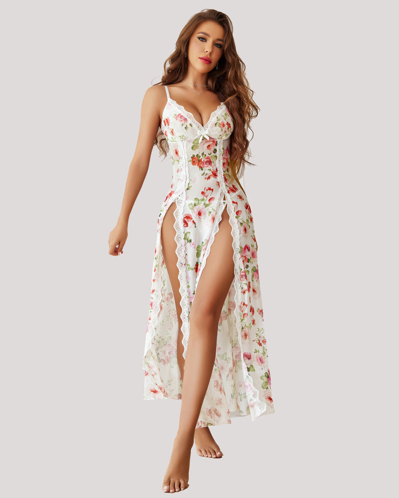 Floral Lace Mesh Side Split Nightgowns