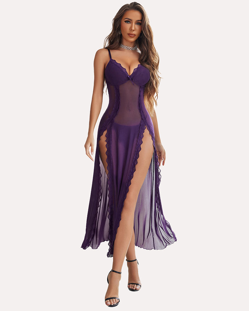 Floral Lace Mesh Side Split Nightgowns