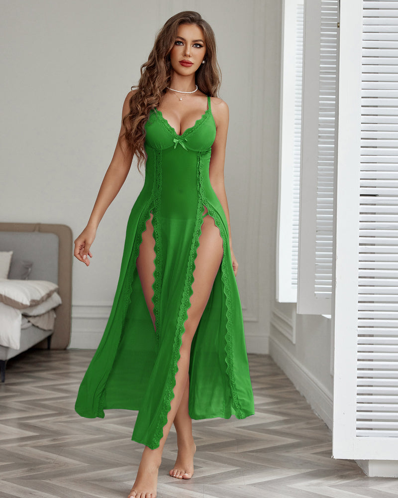Floral Lace Mesh Side Split Nightgowns