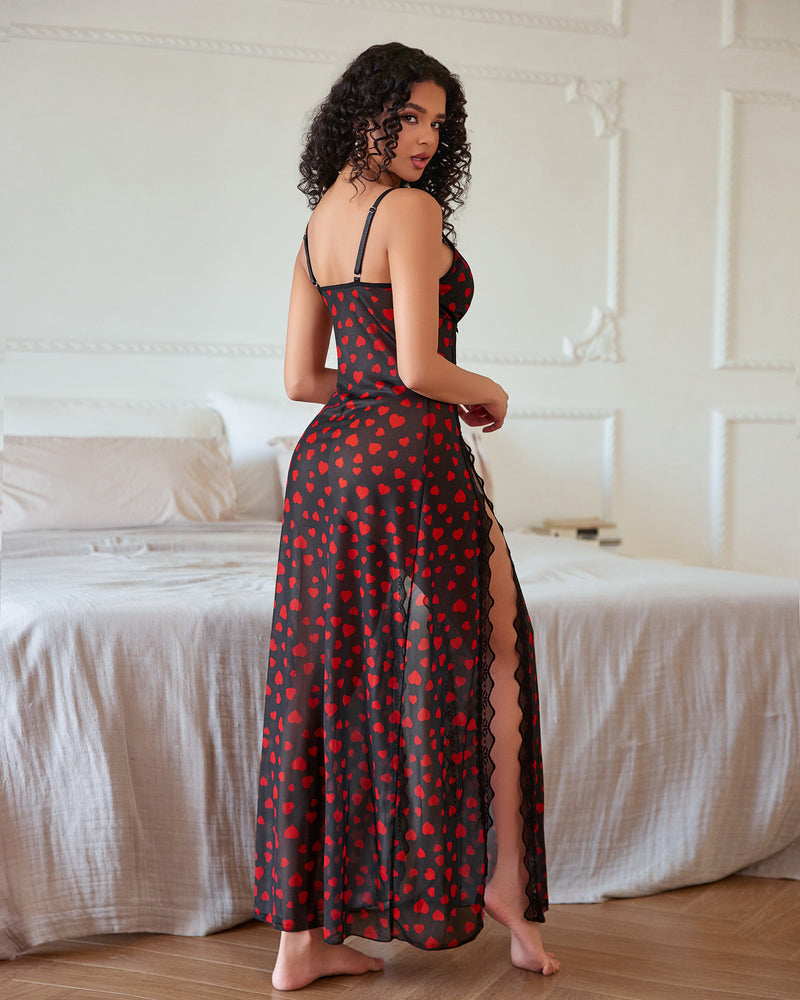 Sheer Lace Mesh Side Split Nightgown