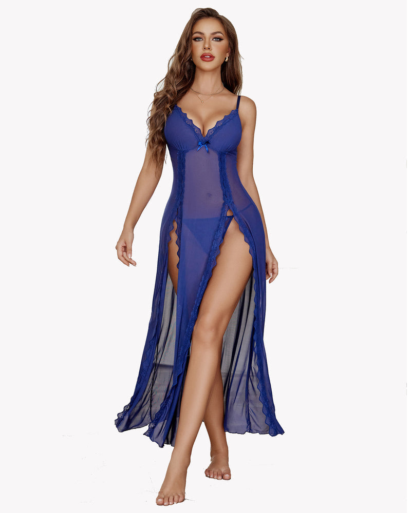 Sheer Lace Mesh Side Split Nightgown