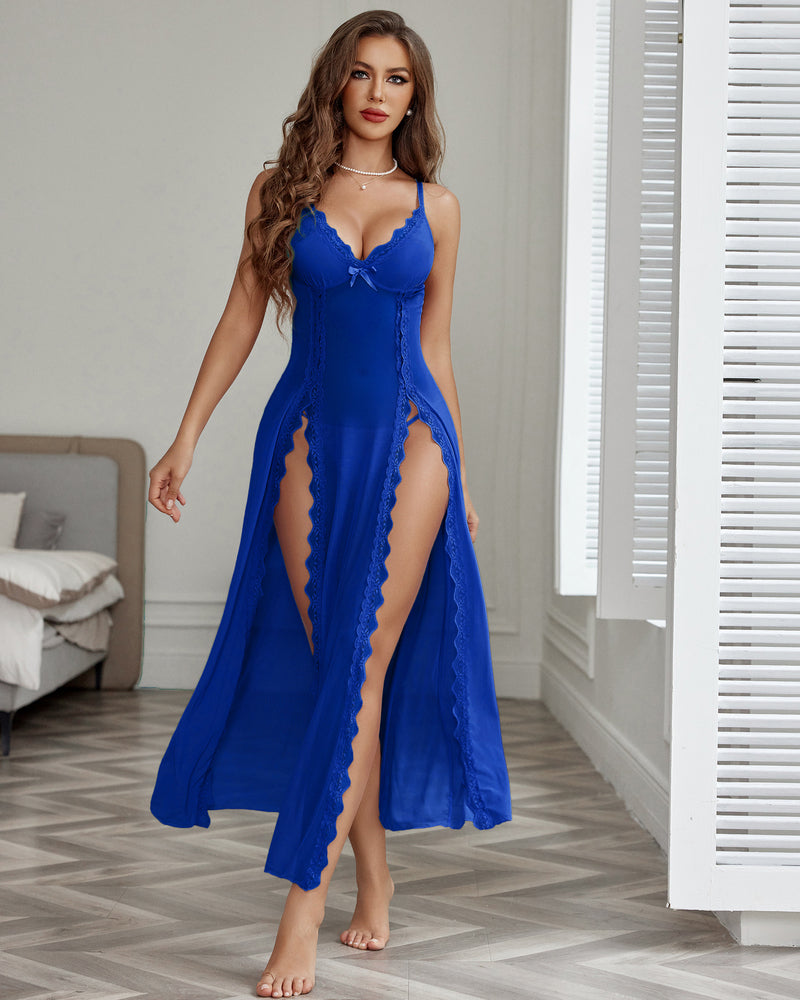 Floral Lace Mesh Side Split Nightgowns