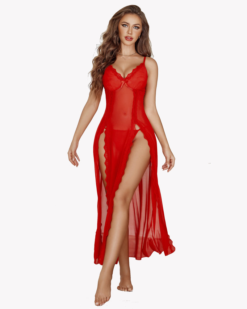 Floral Lace Mesh Side Split Nightgowns