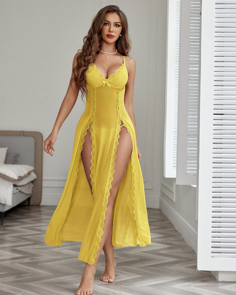 Sheer Lace Mesh Side Split Nightgown