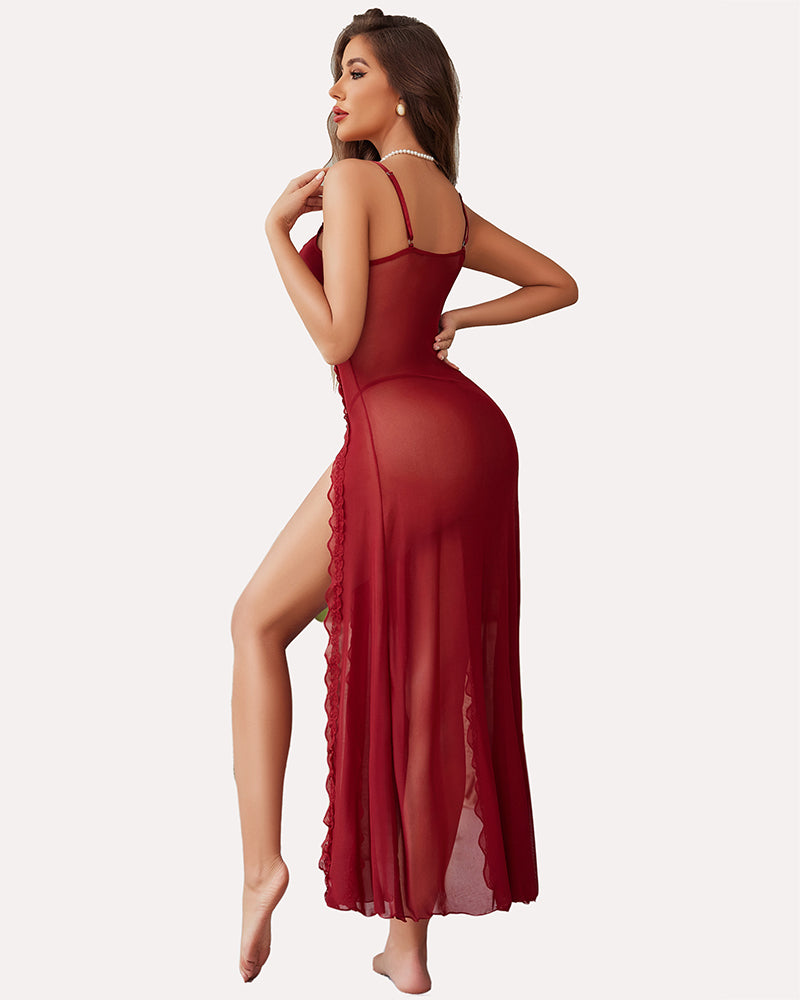 Floral Lace Mesh Side Split Nightgowns