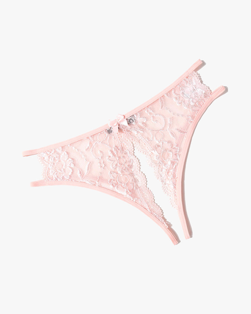 Floral Lace Crotchless Panties with Bow