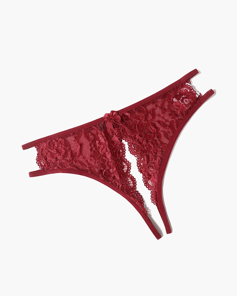 Floral Lace Crotchless Panties with Bow