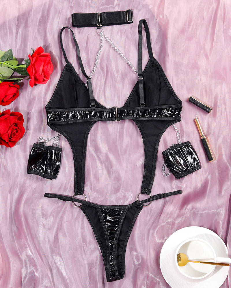 PU Hollow Chain Bodysuit