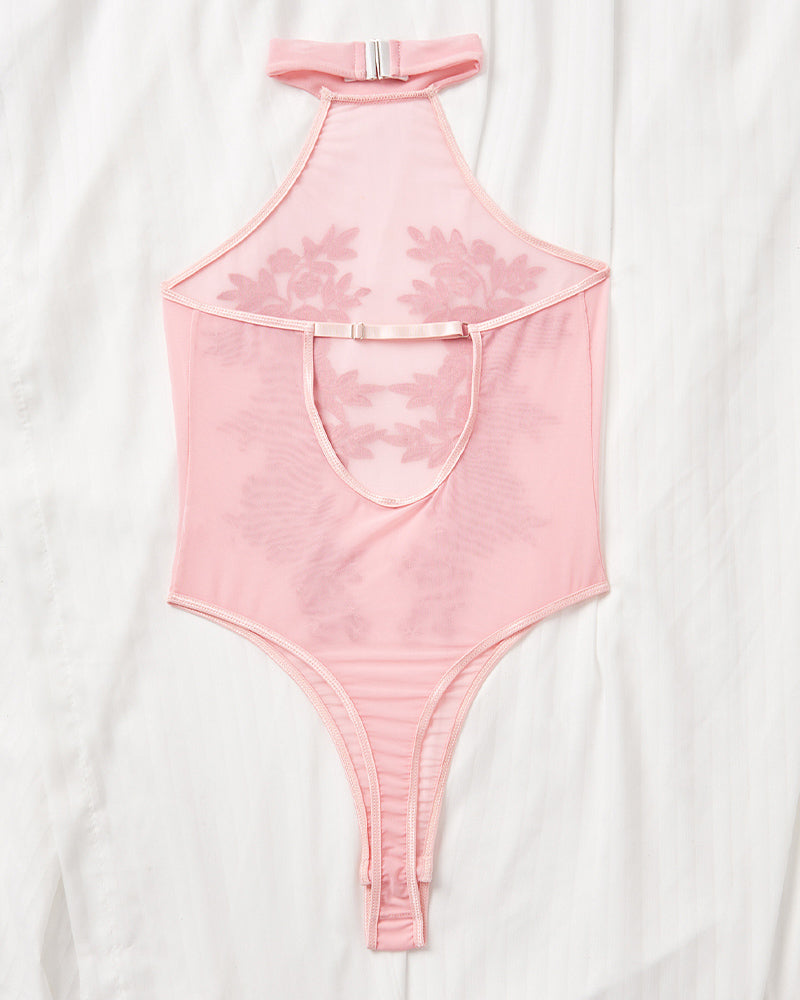 Mesh Sheer Floral Embroidered Bodysuit