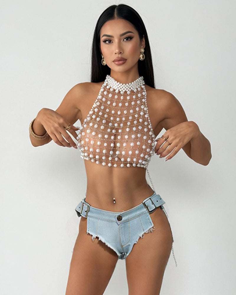 White Pearl Chain Halter Crop Top-Beaded Fringe Mesh Backless Top