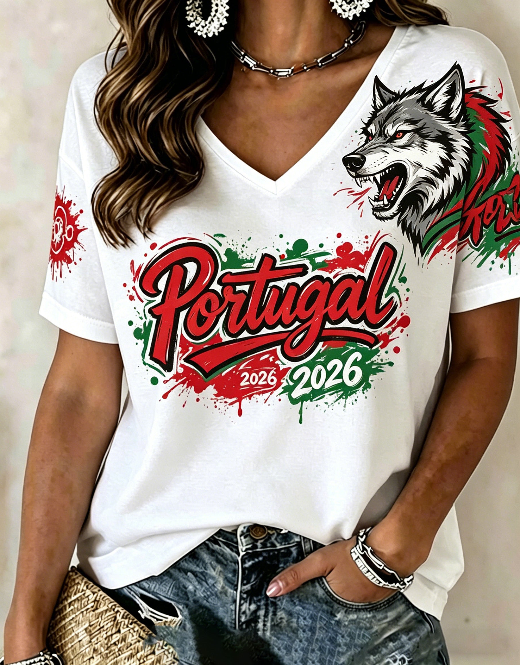 Women's Portugal Football Match Support Art Print V-Neck T-Shirt