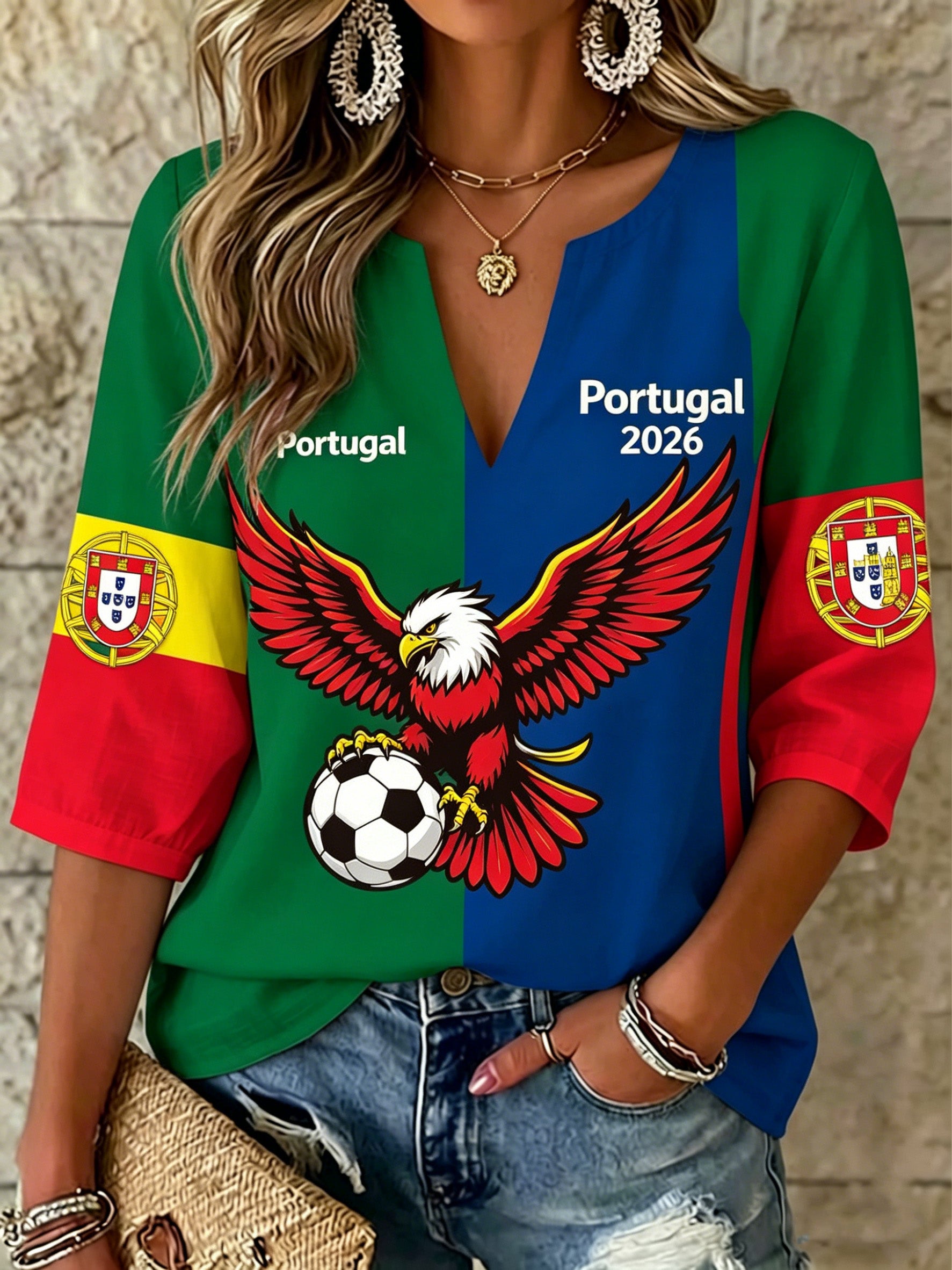 Women's Portuguese Football Match Cheering Art Print V-Neck Top