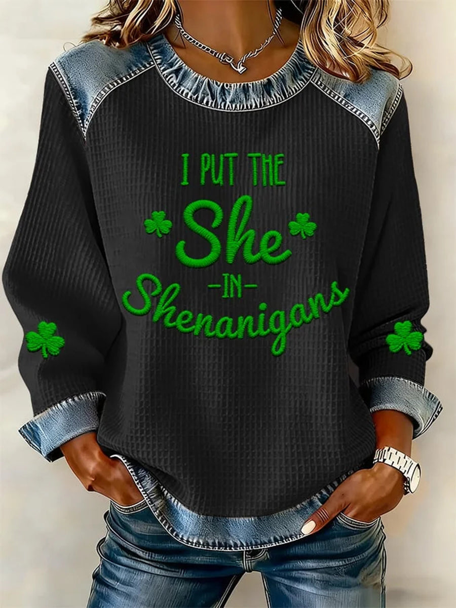 Women's St. Patrick's Day Denim Collar Plaid Top