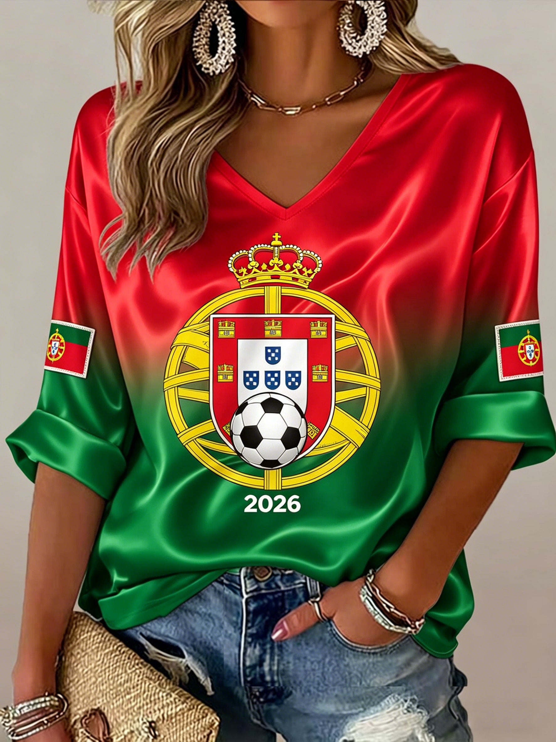 Women's Portugal Football Match Support Art Print V-Neck T-Shirt
