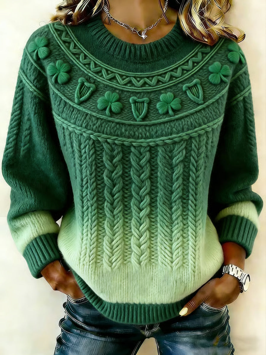 Women's St. Patrick's Day Shamrock Art Printed Crew Neck Sweater